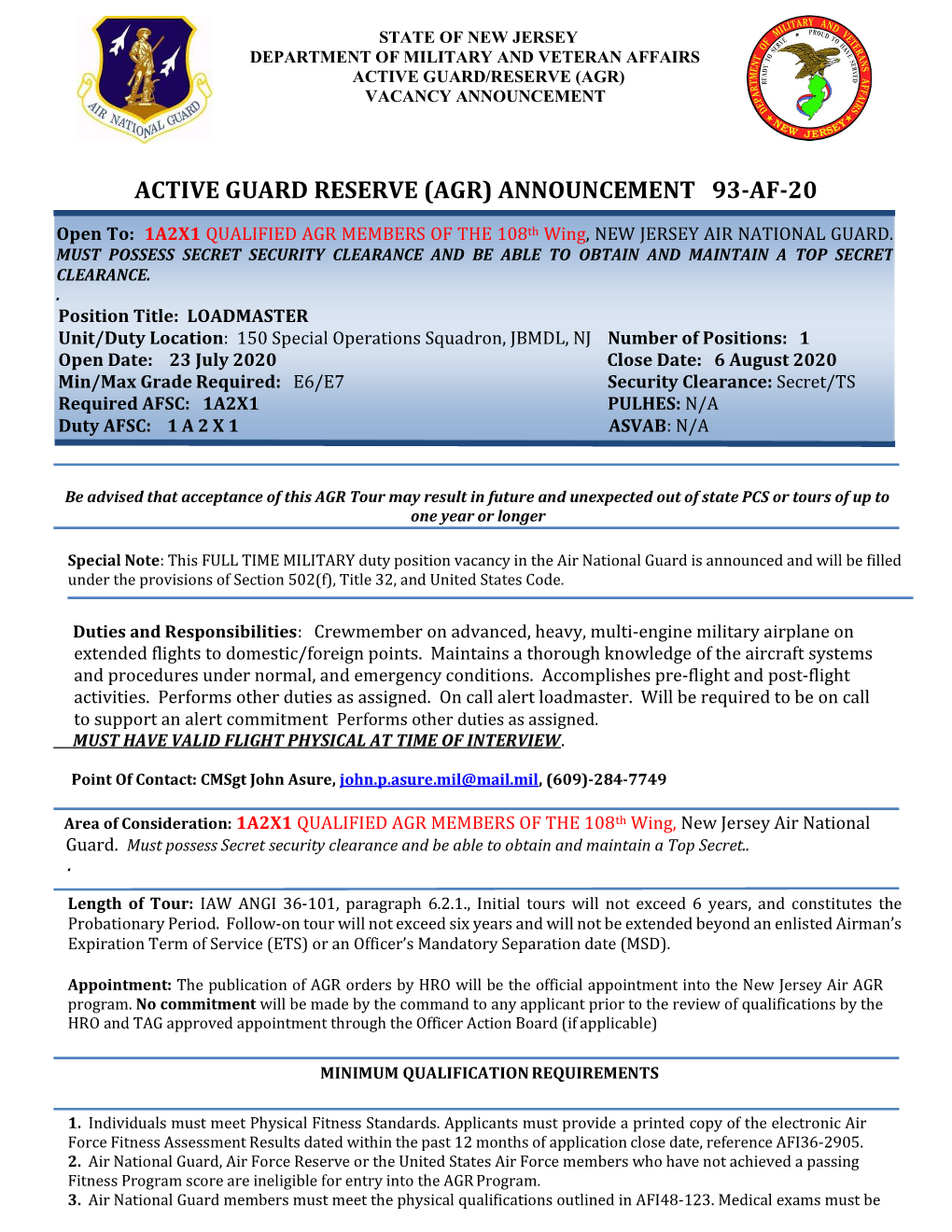 Active Guard Reserve (Agr) Announcement 93-Af-20