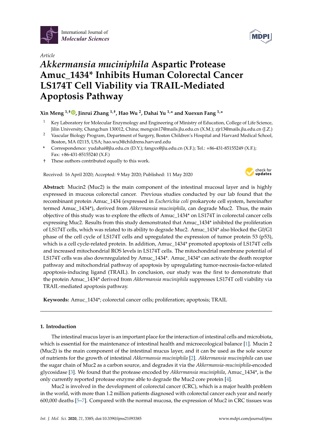 Akkermansia Muciniphila Aspartic Protease Amuc 1434* Inhibits Human Colorectal Cancer LS174T Cell Viability Via TRAIL-Mediated Apoptosis Pathway