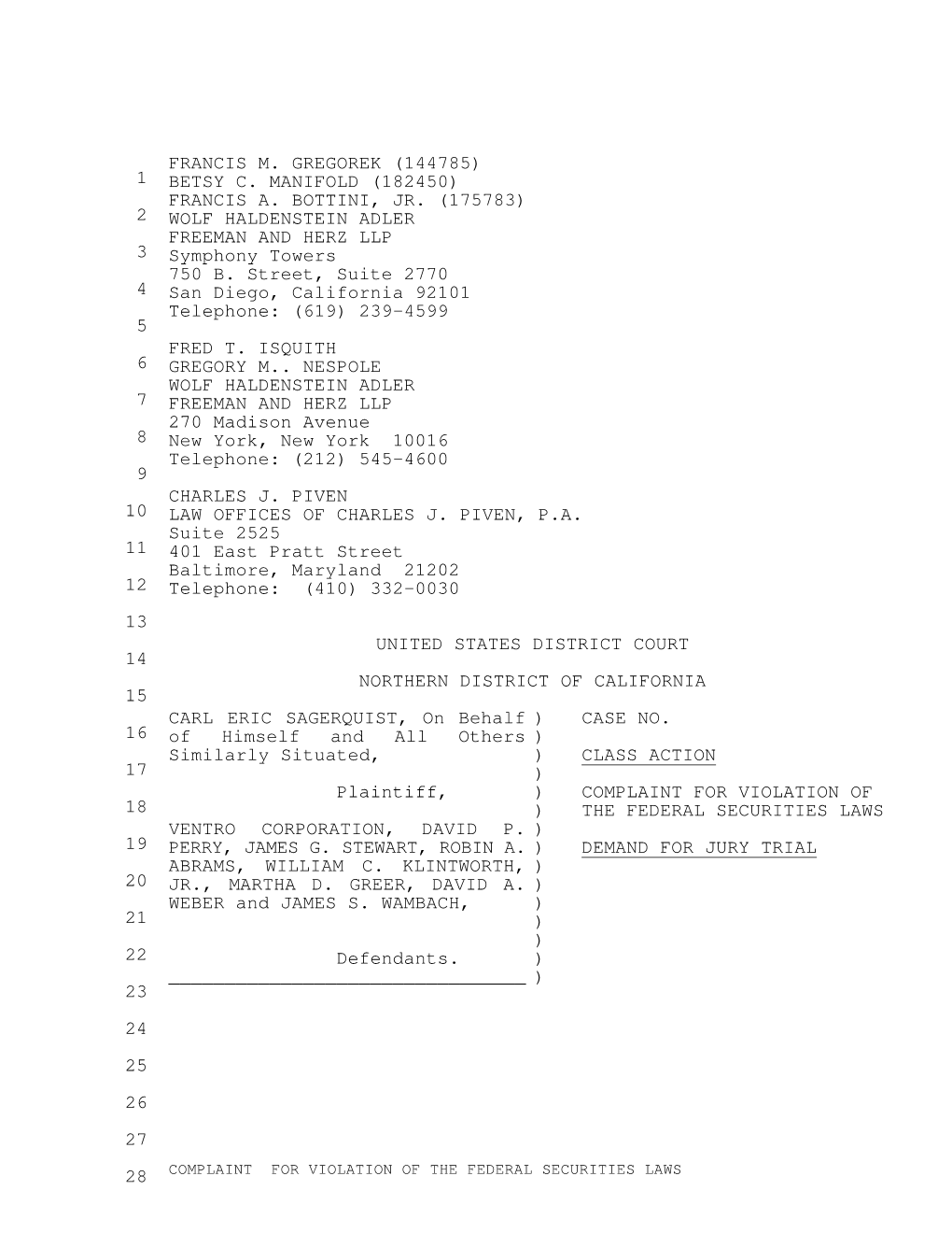 Sagerquist, Et Al. V. Ventro Corporation, Et Al. 01-CV-20305