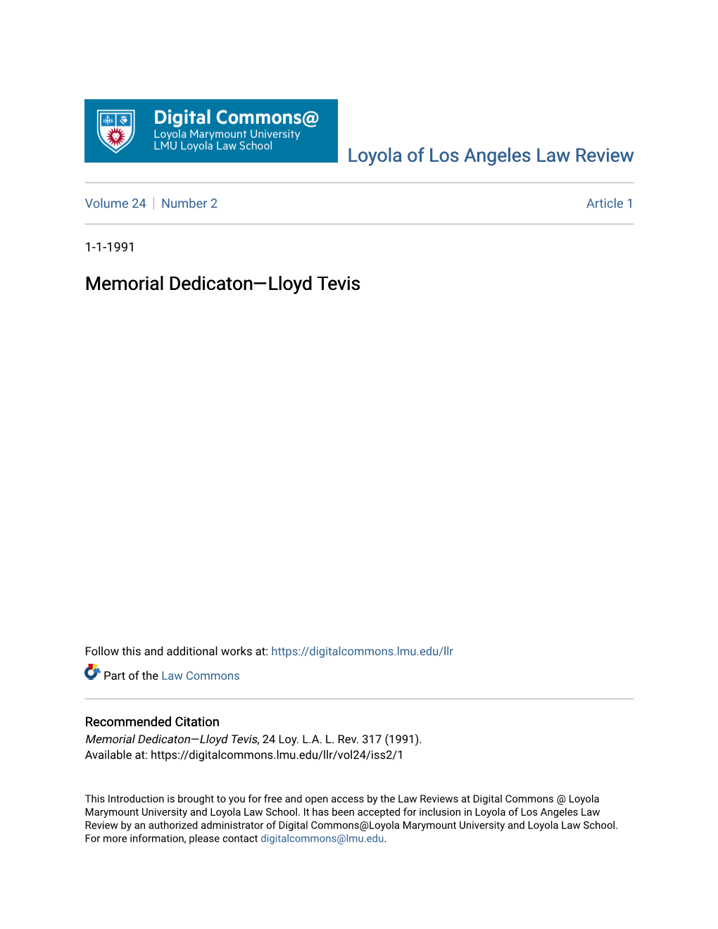 Memorial Dedicaton—Lloyd Tevis