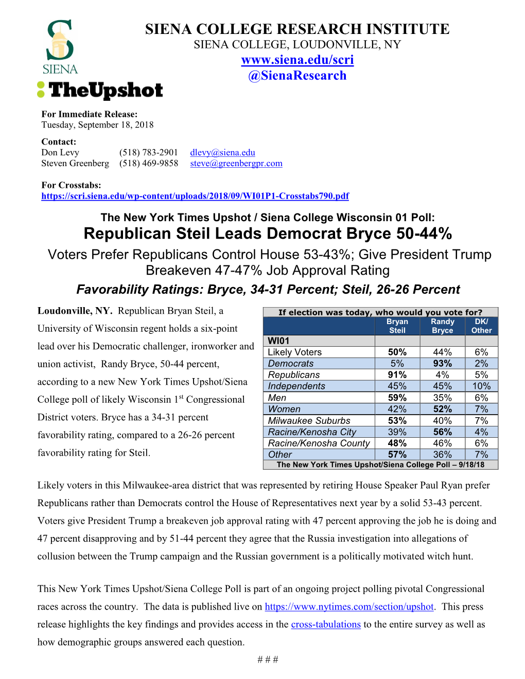 Republican Steil Leads Democrat Bryce 50-44%