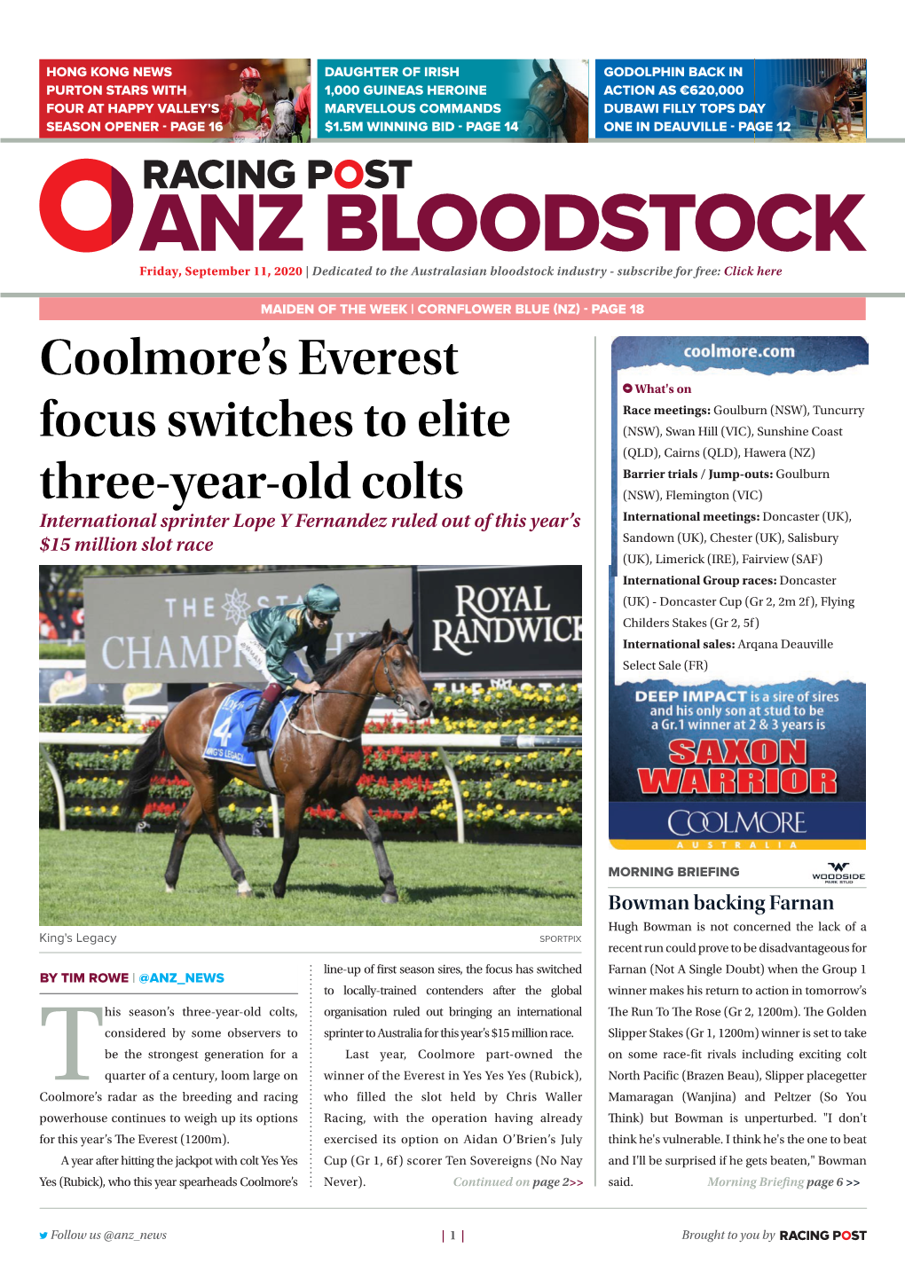 Coolmore's Everest Focus Switches to Elite Three-Year-Old Colts