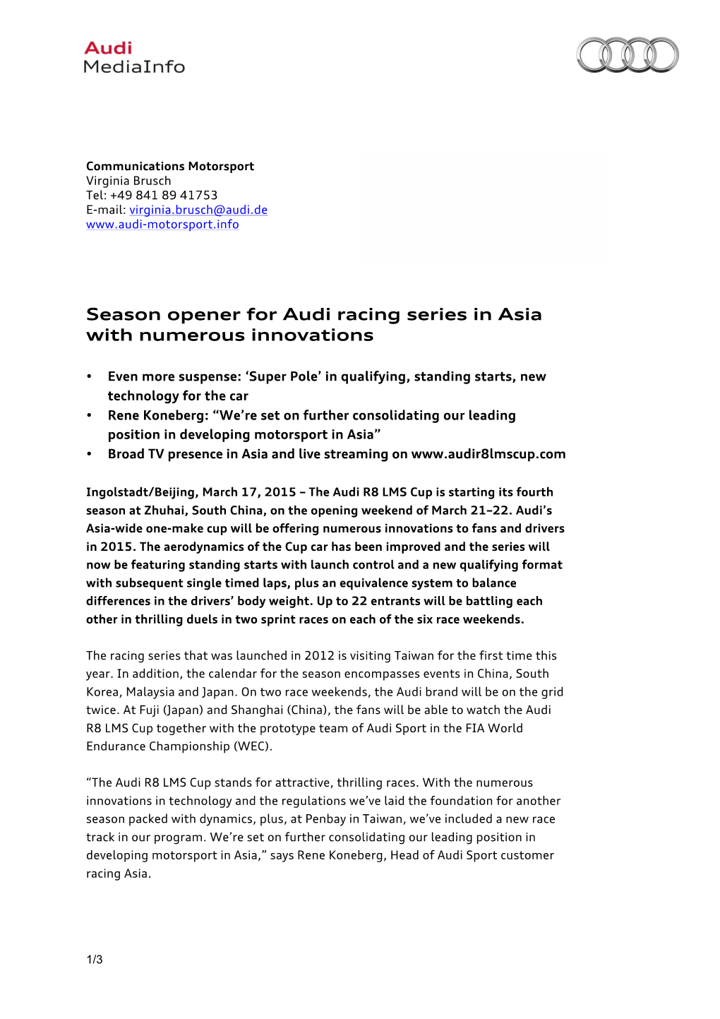 Season Opener for Audi Racing Series in Asia with Numerous Innovations