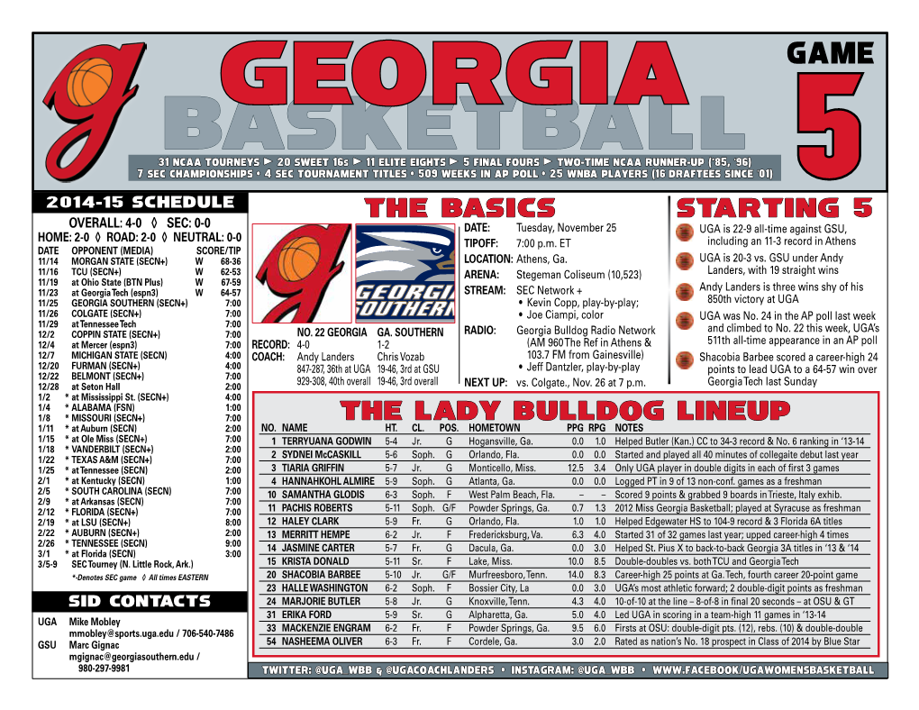 15 Georgia Lady Bulldogs (4-0) Individual Statistics – All Games Home: 2-0 Away: 2-0 Neutral: 0-0