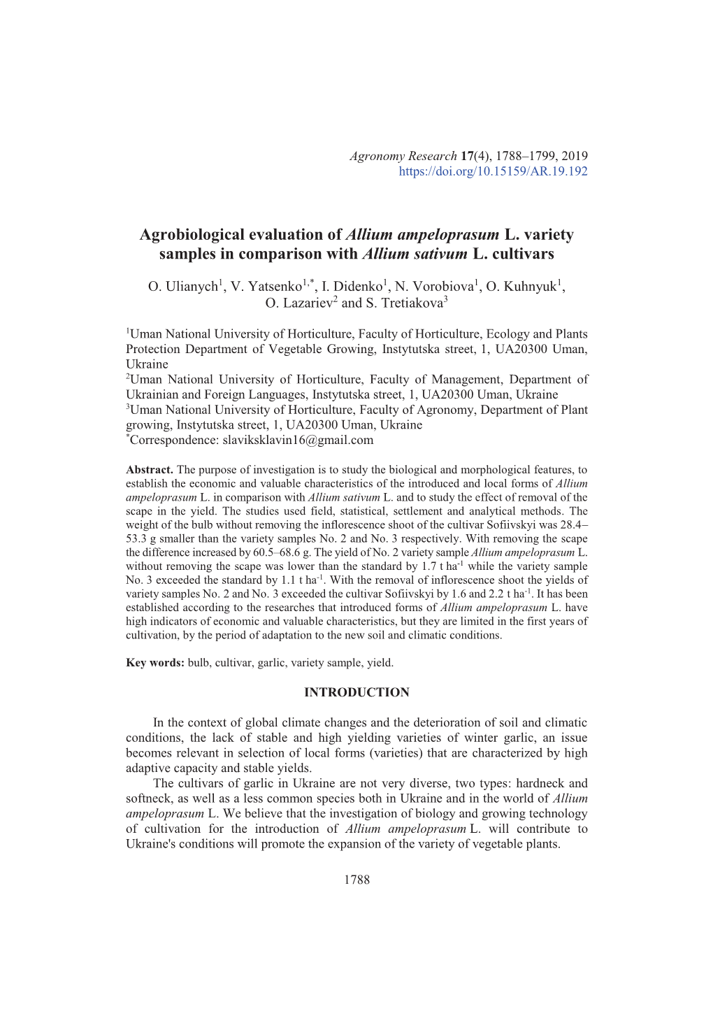 Agrobiological Evaluation of Allium Ampeloprasum L. Variety Samples in Comparison with Allium Sativum L