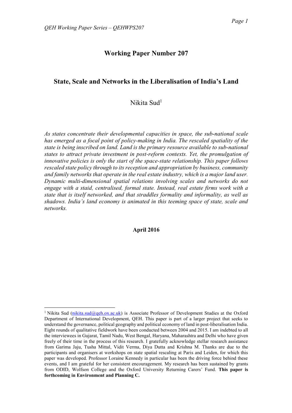 Working Paper Number 207 State, Scale and Networks in The