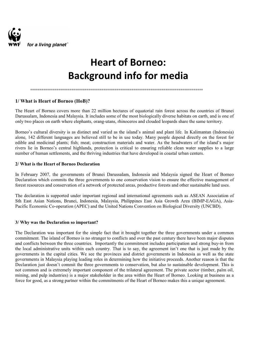 Heart of Borneo: Background Info for Media