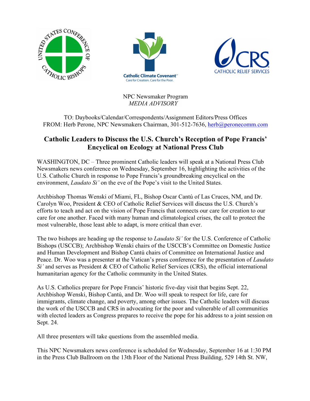 Catholic Leaders to Discuss the U.S. Church's Reception of Pope Francis' Encyclical on Ecology at National Press Club