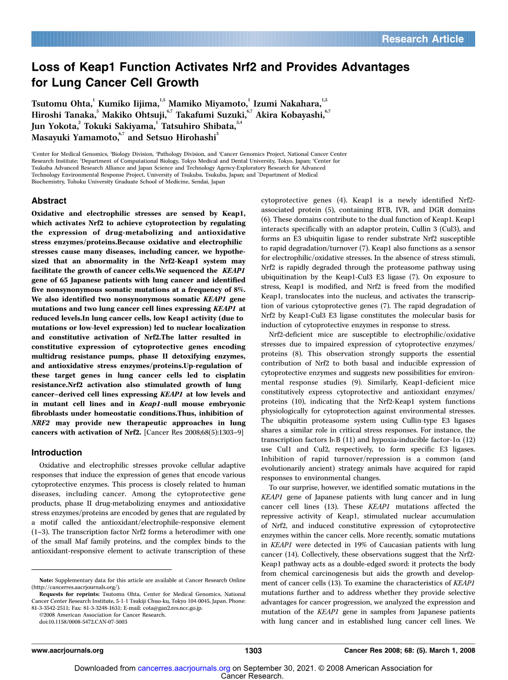 Loss of Keap1 Function Activates Nrf2 and Provides Advantages for Lung