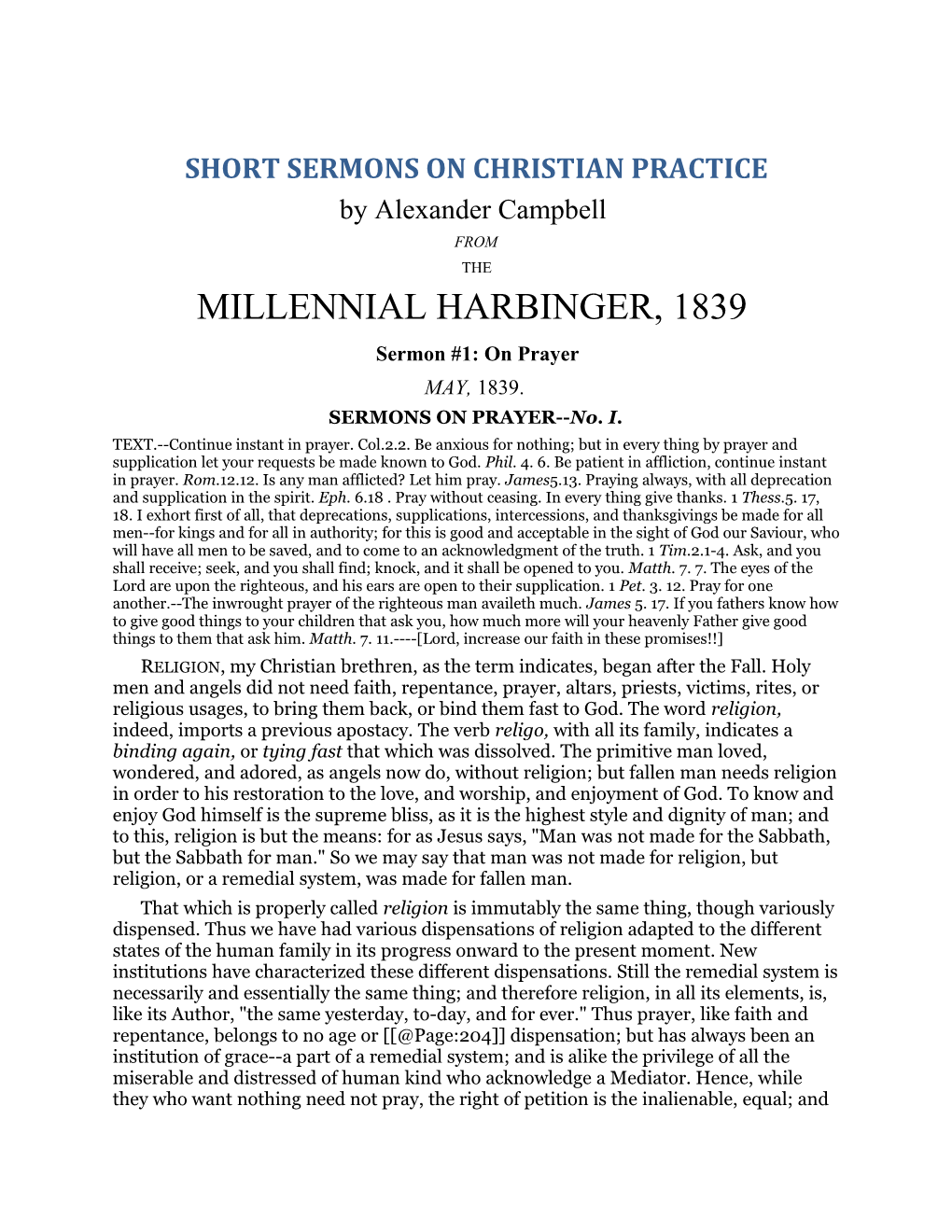 Alexander Campbell's Short Sermons on Christian Practice: Sermons on Prayer No. I