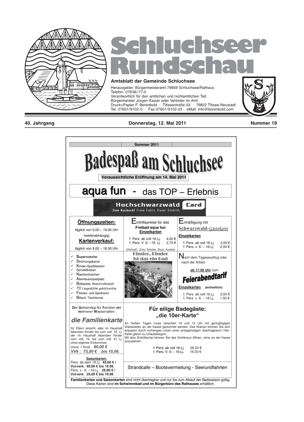 Amtsblatt Der Gemeinde Schluchsee 40. Jahrgang Donnerstag, 12. Mai