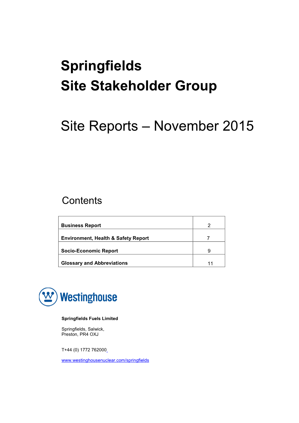 Springfields Site Stakeholder Group Site Reports – November 2015