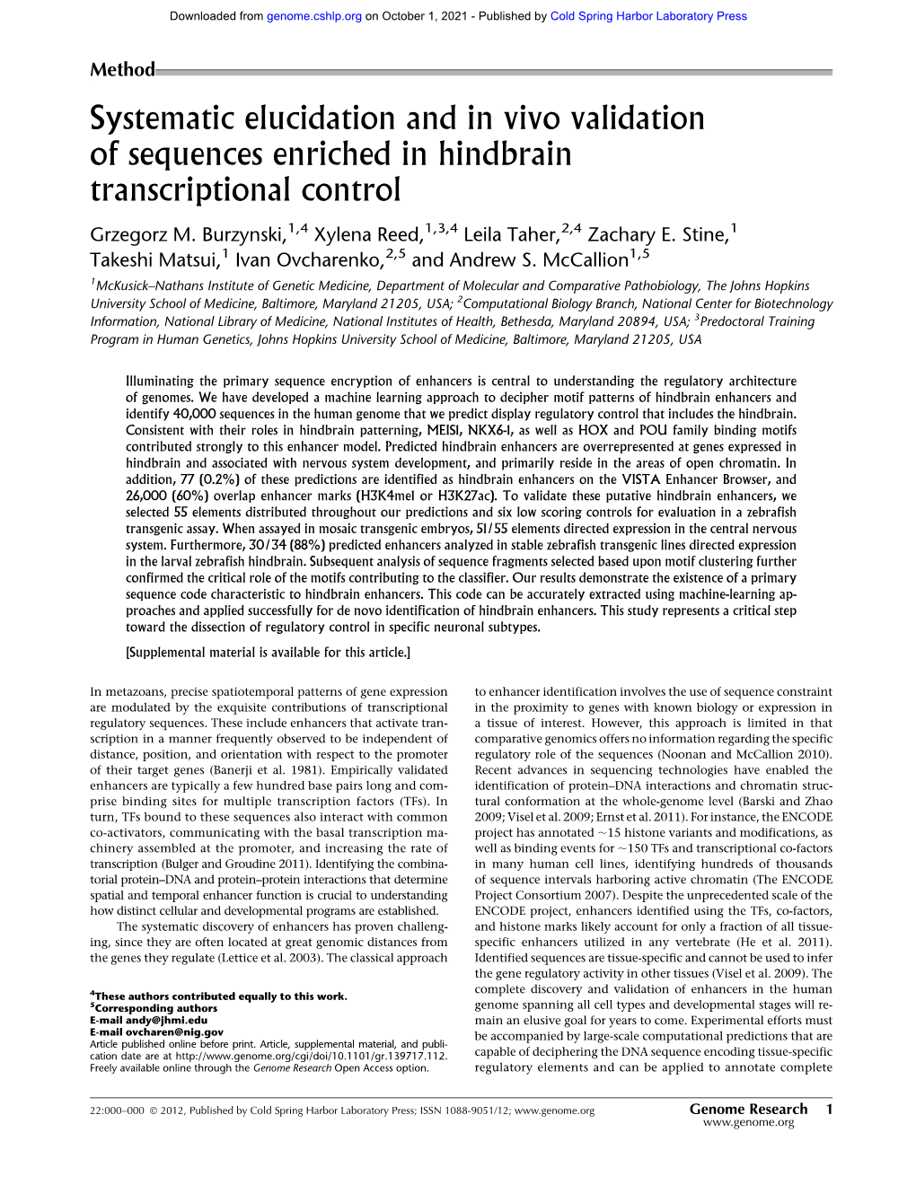 Systematic Elucidation and in Vivo Validation of Sequences Enriched in Hindbrain Transcriptional Control