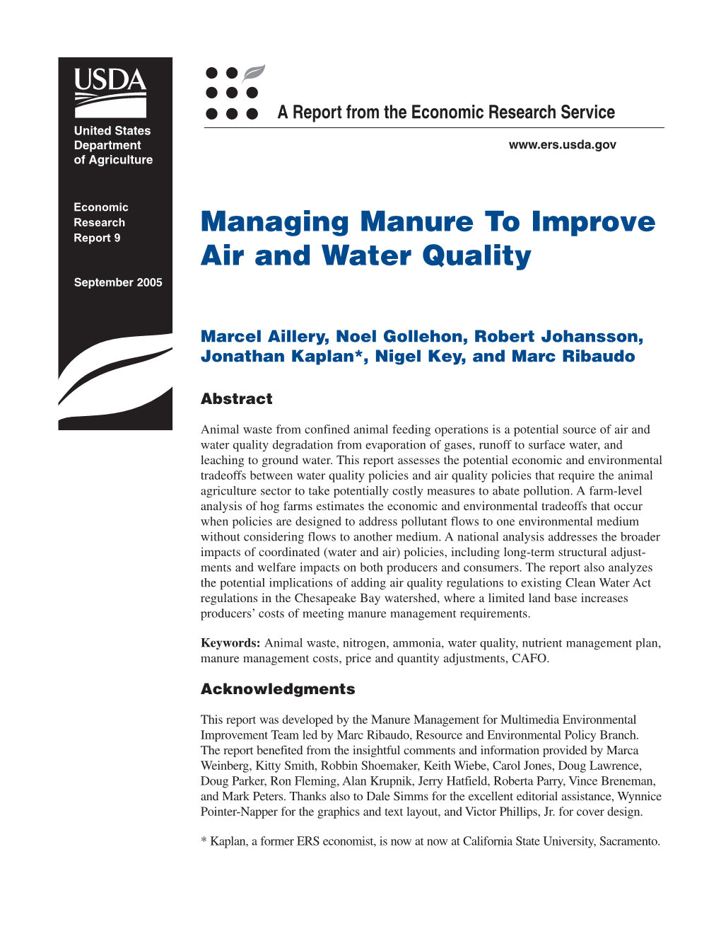 Managing Manure to Improve Air and Water Quality / ERR-9 Economic Research Service/USDA Summary