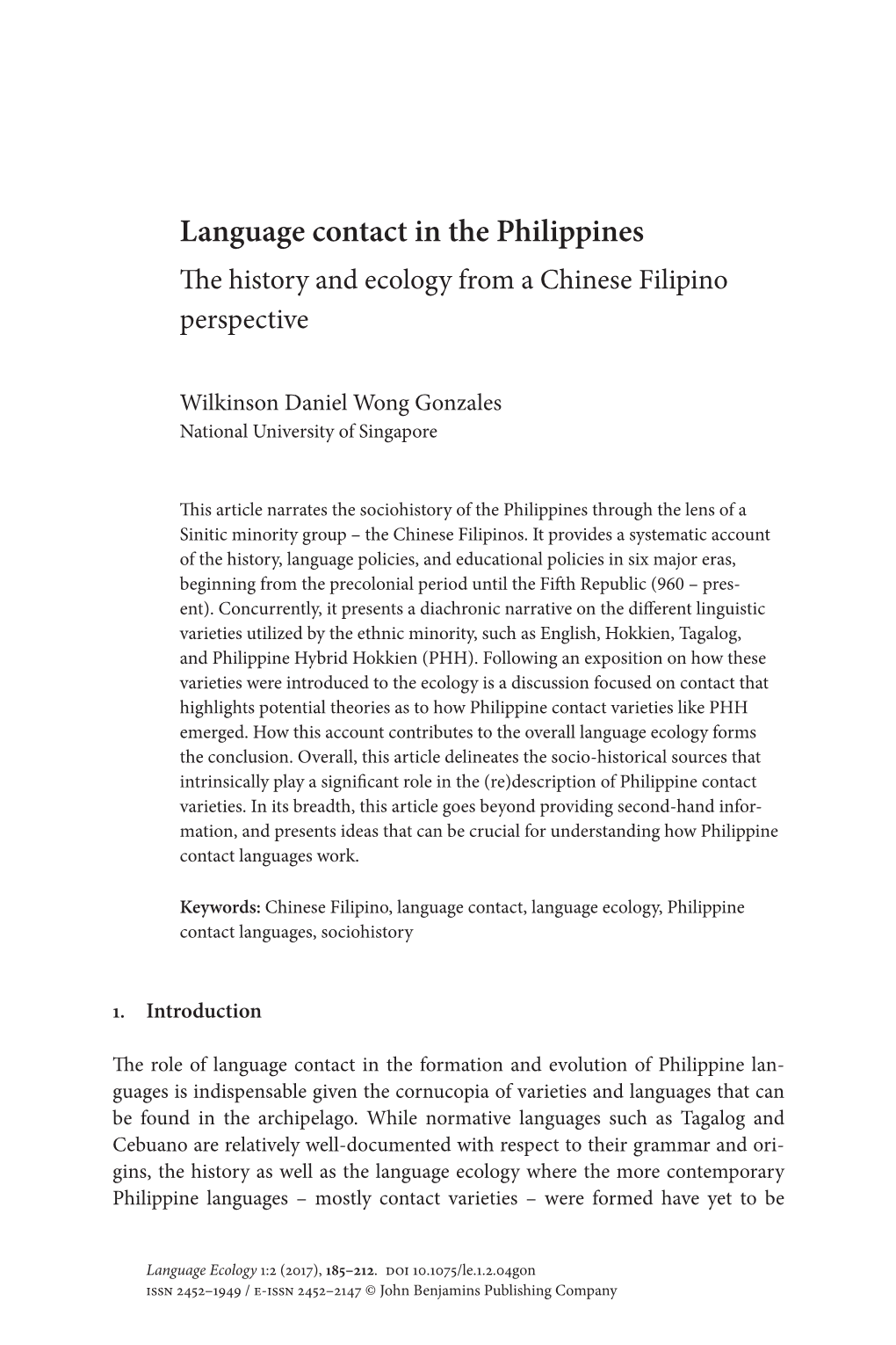 Language Contact in the Philippines the History and Ecology from a Chinese Filipino Perspective