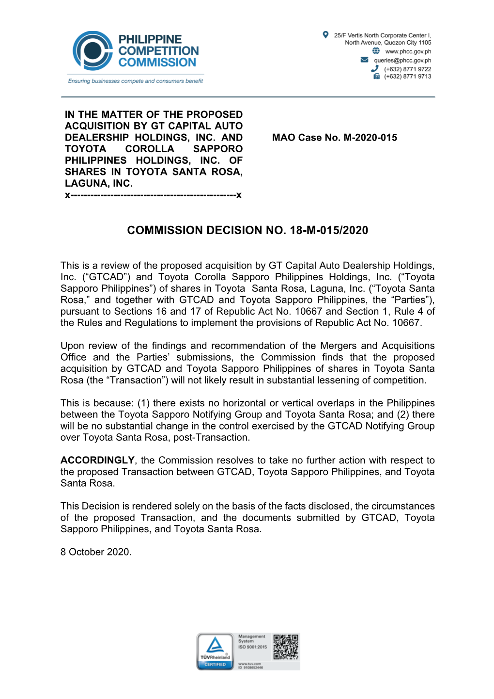 Commission Decision No. 18-M-015/2020