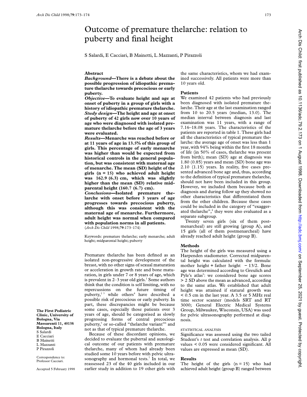 Outcome of Premature Thelarche: Relation to Puberty and Final Height