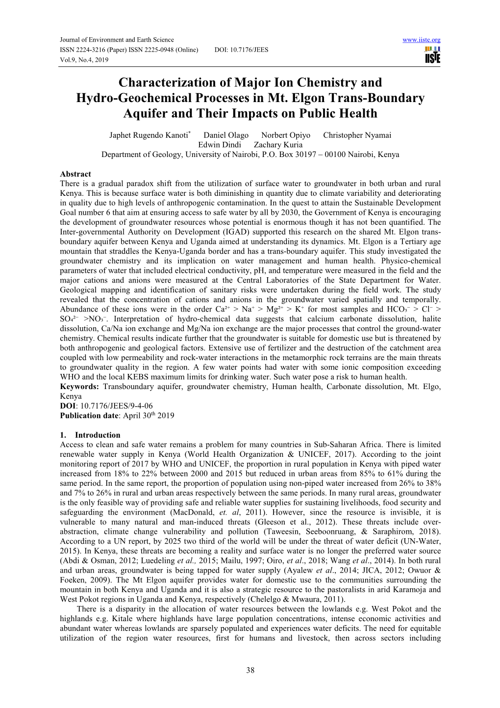 Characterization of Major Ion Chemistry and Hydro-Geochemical Processes in Mt