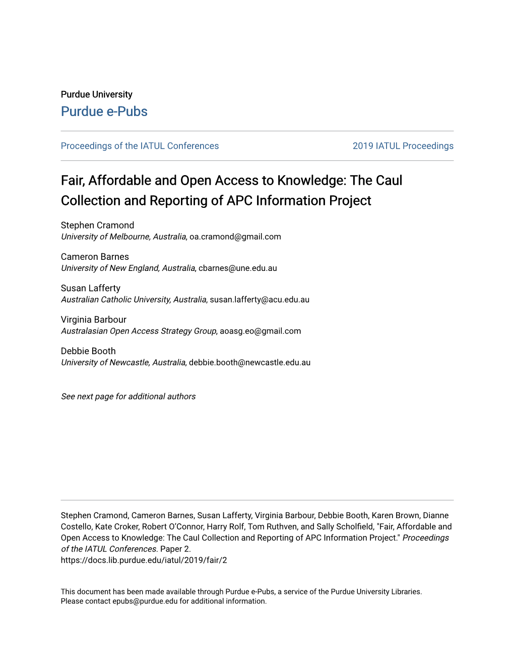 Fair, Affordable and Open Access to Knowledge: the Caul Collection and Reporting of APC Information Project