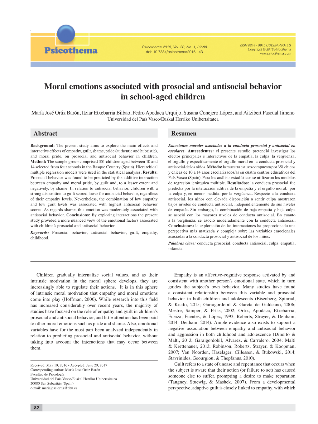 Moral Emotions Associated with Prosocial and Antisocial Behavior in School-Aged Children