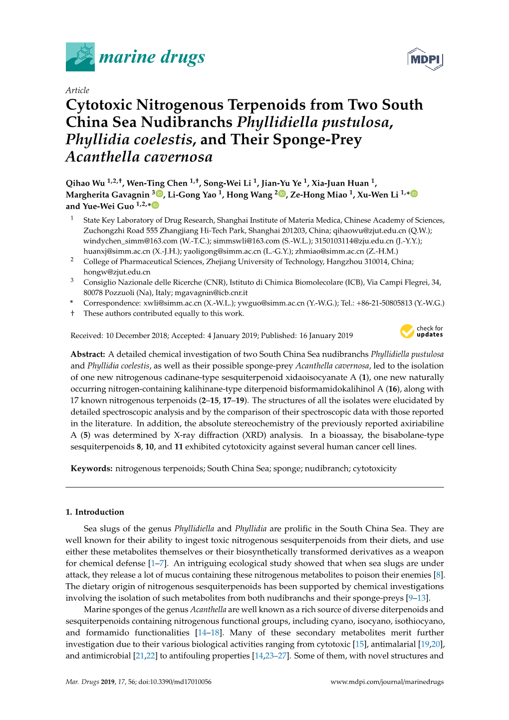 Cytotoxic Nitrogenous Terpenoids from Two South China Sea Nudibranchs Phyllidiella Pustulosa, Phyllidia Coelestis, and Their Sponge-Prey Acanthella Cavernosa
