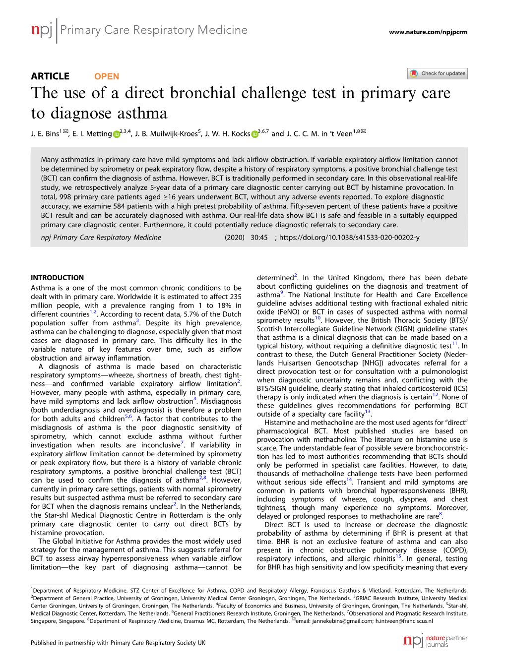 The Use of a Direct Bronchial Challenge Test in Primary Care to Diagnose Asthma ✉ ✉ J