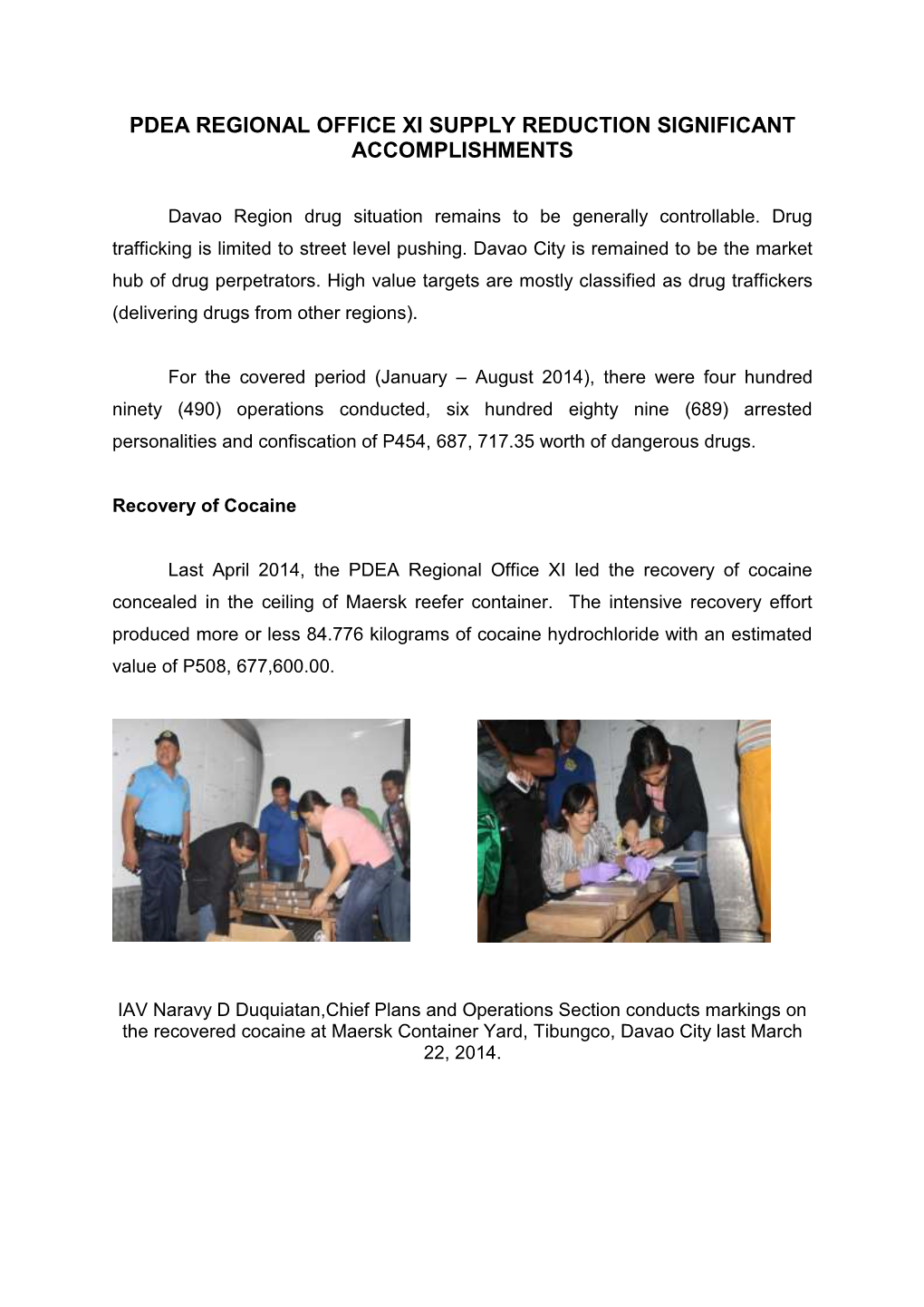 Pdea Regional Office Xi Supply Reduction Significant Accomplishments