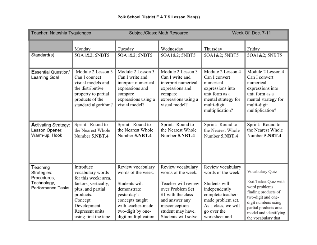 Polk School District E.A.T.S Lesson Plan(S)