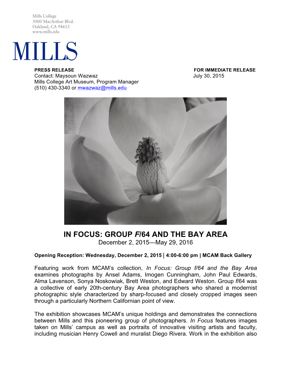 IN FOCUS: GROUP F/64 and the BAY AREA December 2, 2015—May 29, 2016