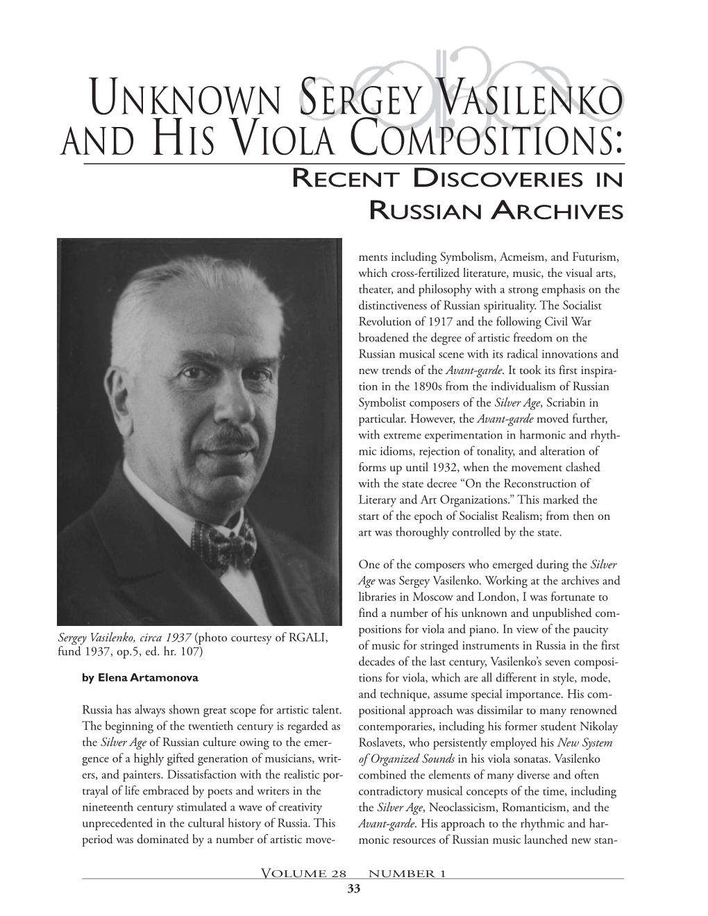 Unknown Sergey Vasilenko and His Viola Compositions : Recent Discoveries in Russian Archives