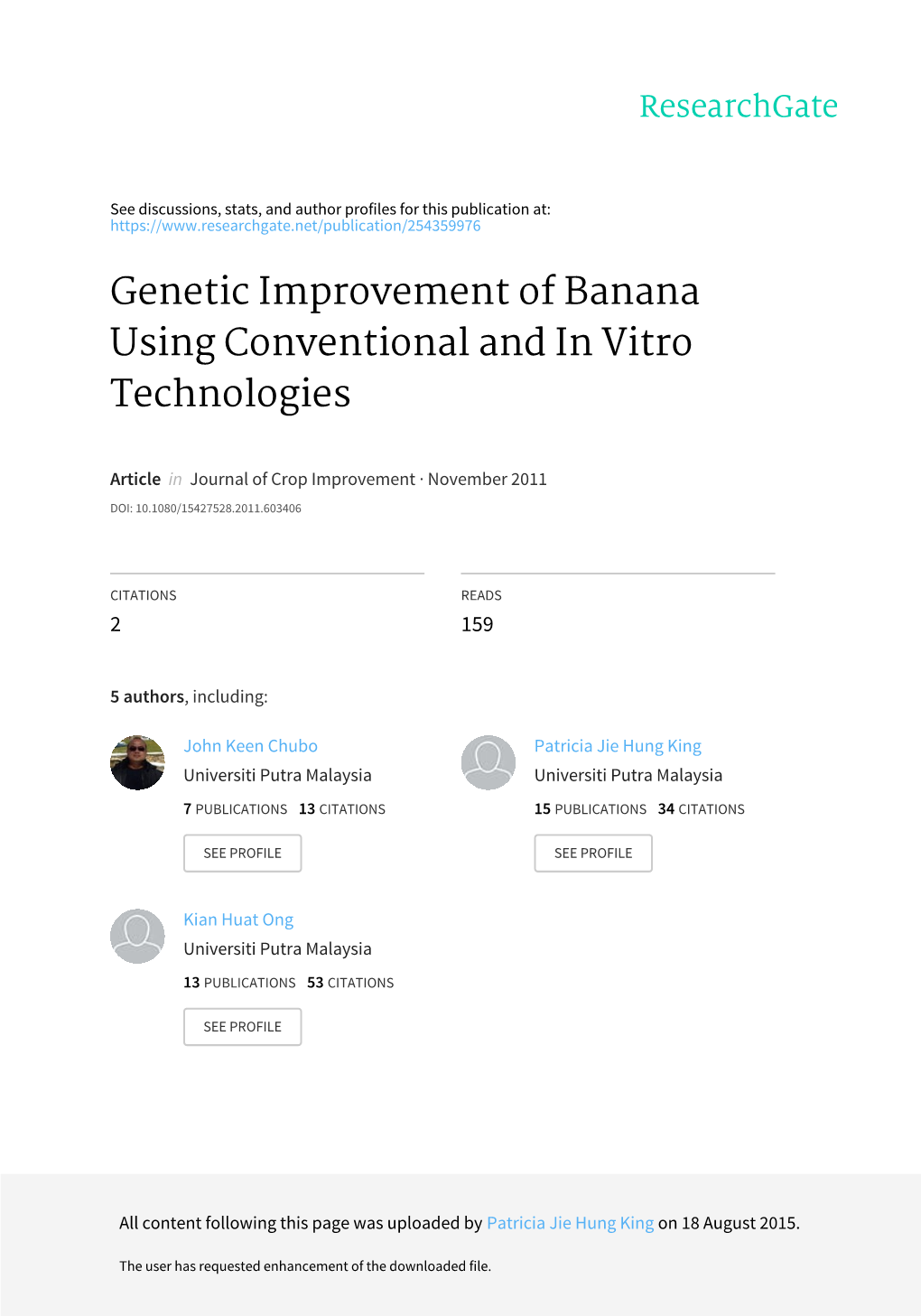 Genetic Improvement of Banana Using Conventional and in Vitro Technologies