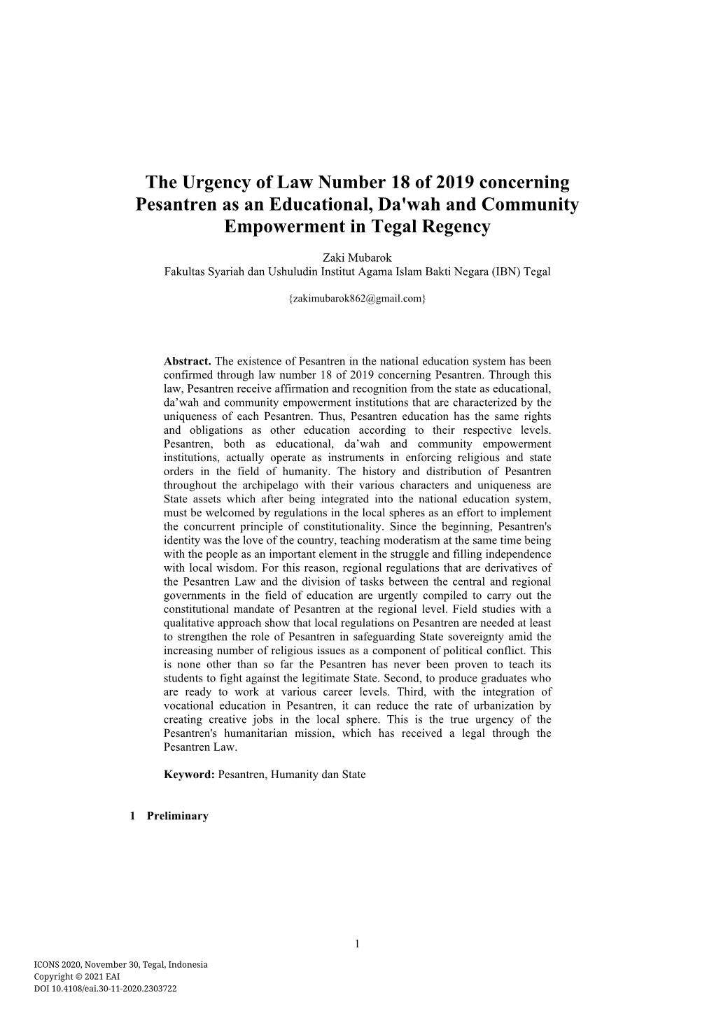 The Urgency of Law Number 18 of 2019 Concerning Pesantren As an Educational, Da'wah and Community Empowerment in Tegal Regency