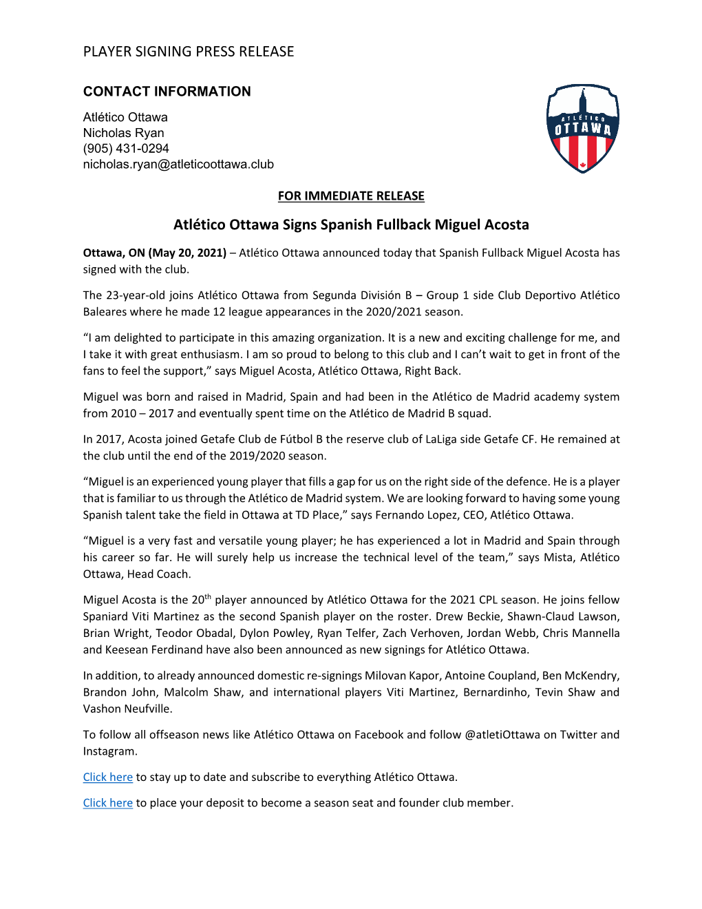 PLAYER SIGNING PRESS RELEASE Atlético Ottawa Signs Spanish