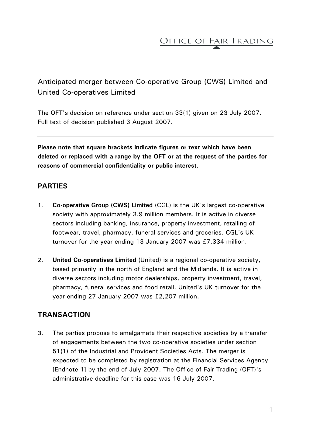 Anticipated Merger Between Co-Operative Group (CWS) Limited and United Co-Operatives Limited