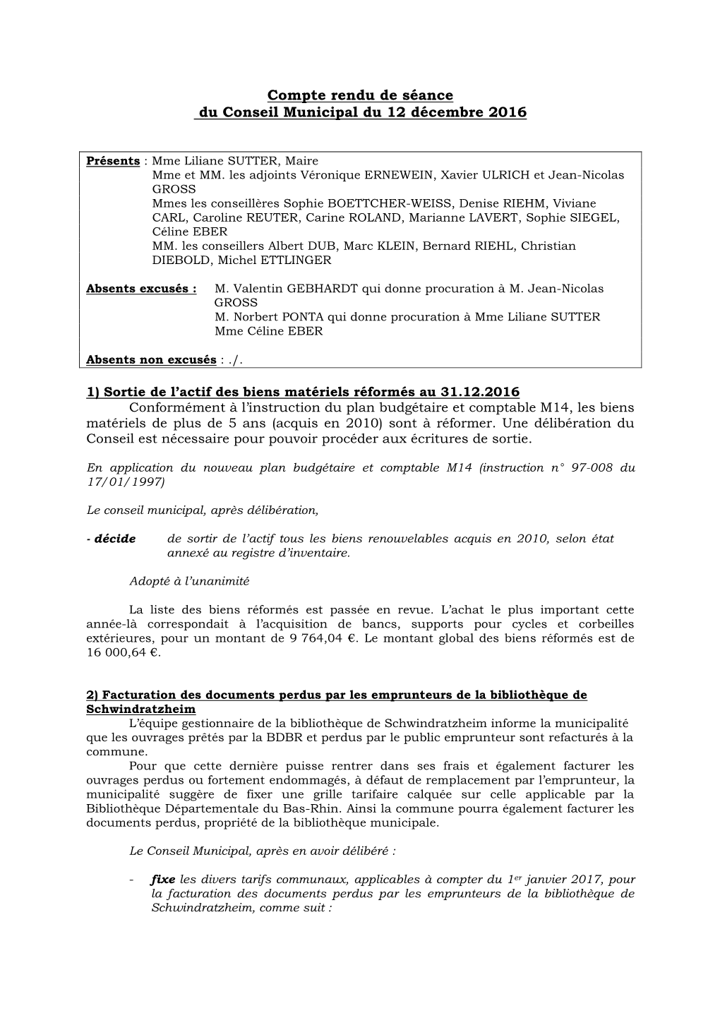 Compte Rendu De Séance Du Conseil Municipal Du 12 Décembre 2016