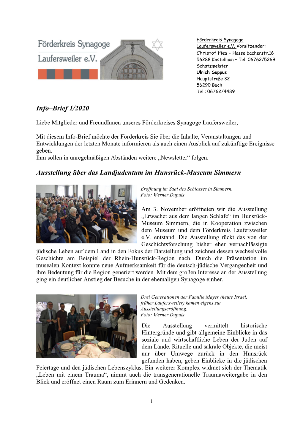 Info–Brief 1/2020 Ausstellung Über Das Landjudentum Im Hunsrück