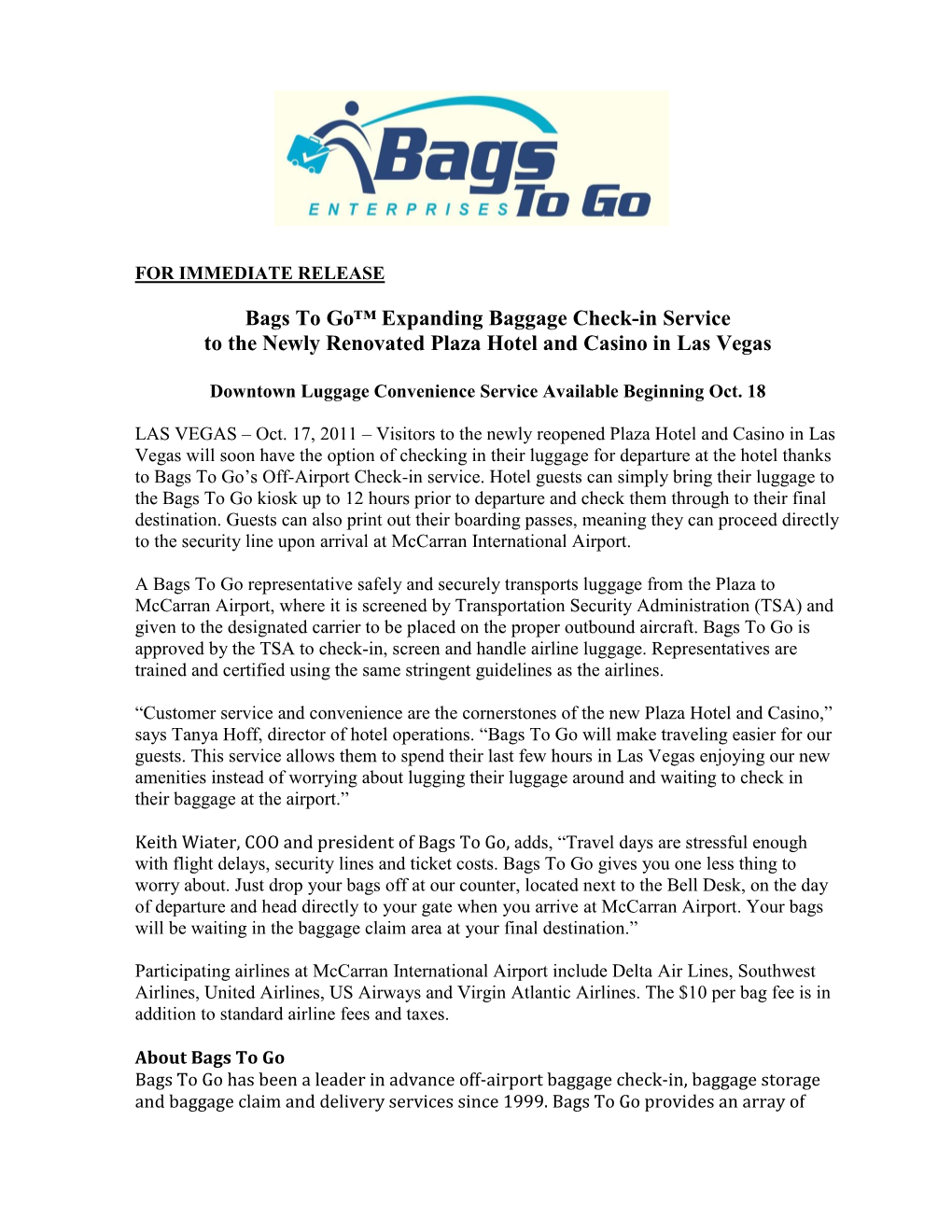 Bags to Go™ Expanding Baggage Check-In Service to the Newly Renovated Plaza Hotel and Casino in Las Vegas