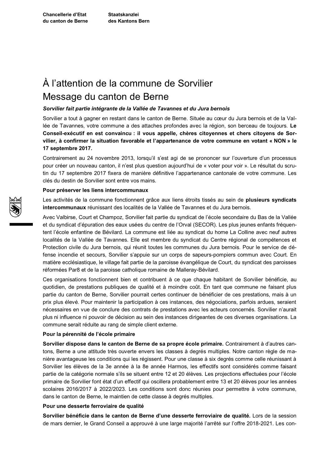 Message Du Canton De Berne À L'attention De La Commune De Sorvilier