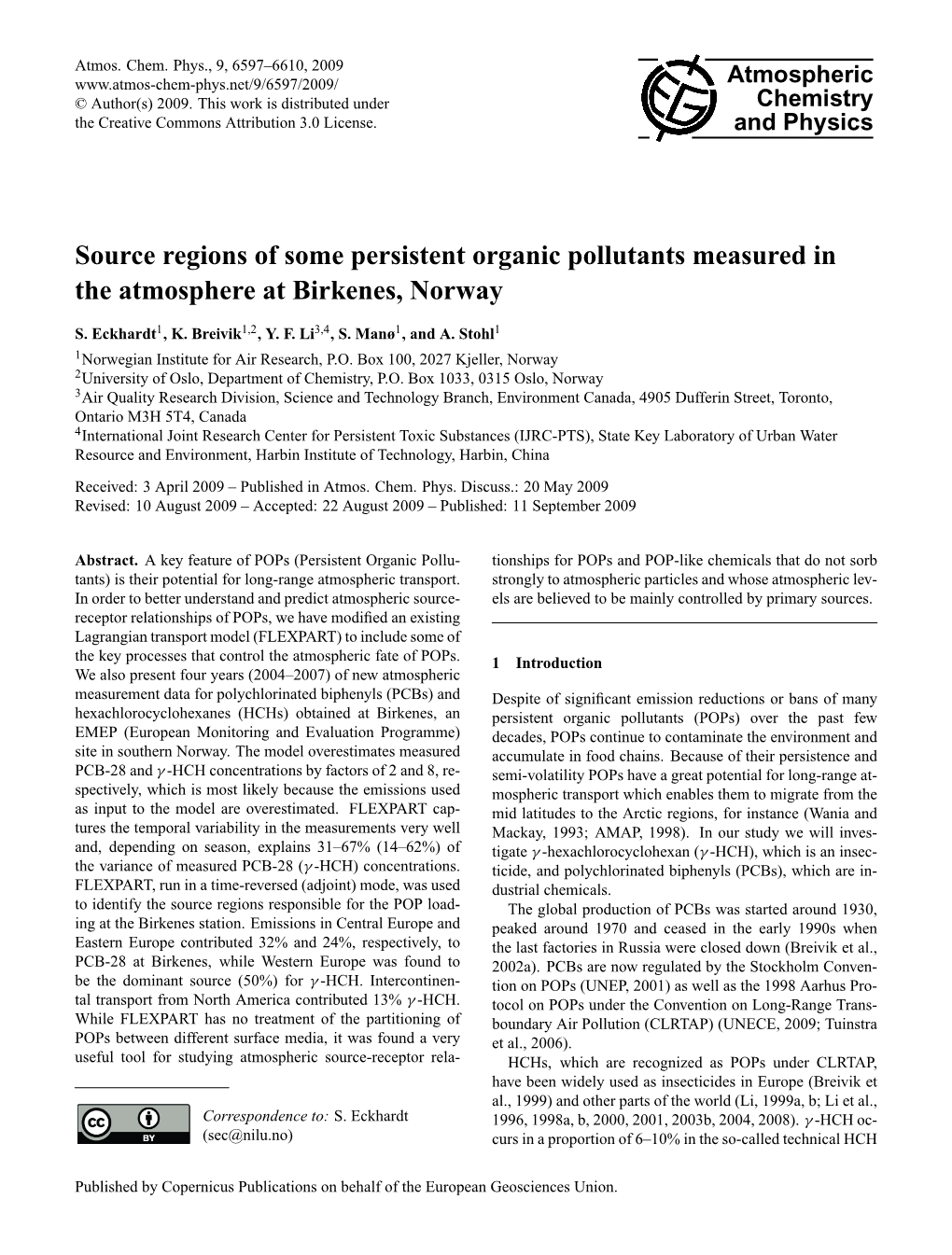 Source Regions of Some Persistent Organic Pollutants Measured in the Atmosphere at Birkenes, Norway