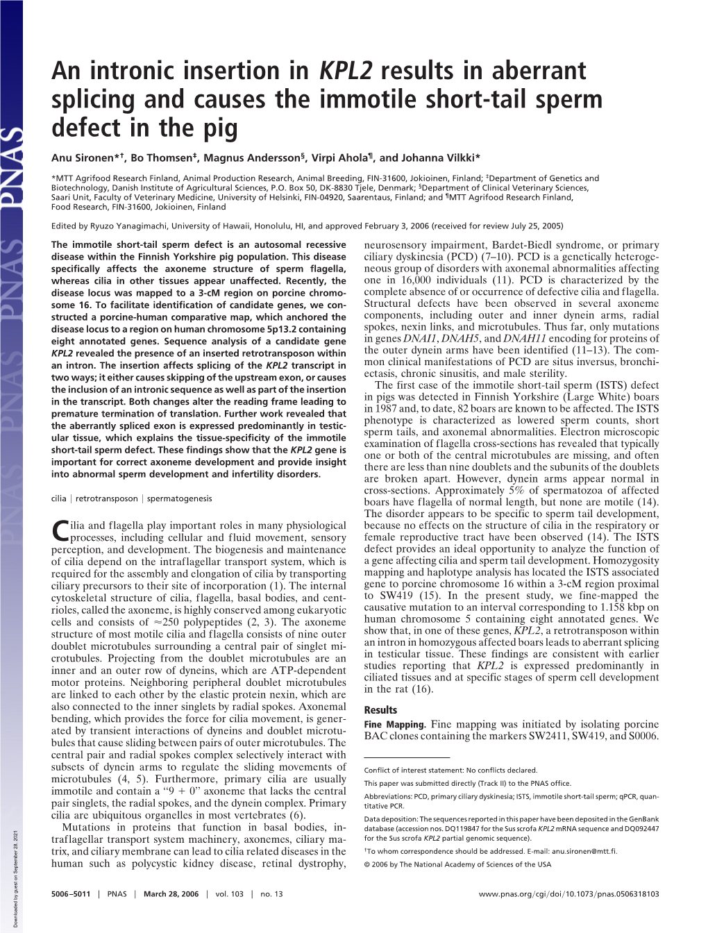 An Intronic Insertion in KPL2 Results in Aberrant Splicing and Causes the Immotile Short-Tail Sperm Defect in the Pig
