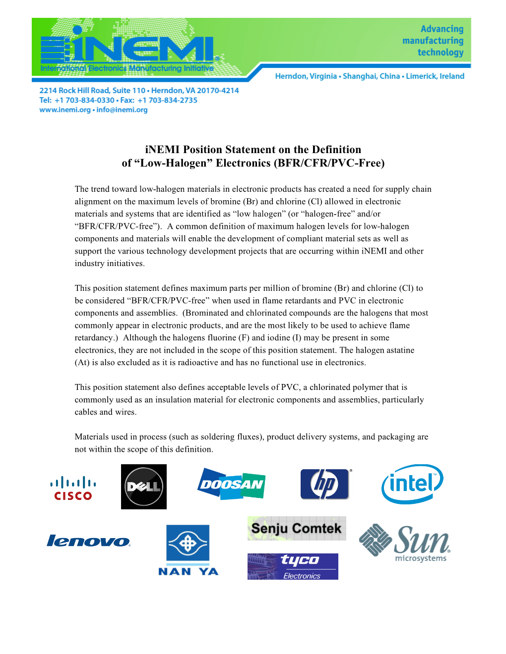 Inemi Position Statement on the Definition of “Low-Halogen” Electronics (BFR/CFR/PVC-Free)