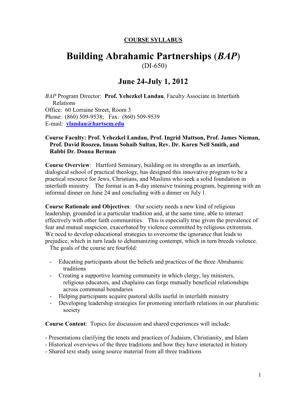 Building Abrahamic Partnerships (BAP) (DI-650)