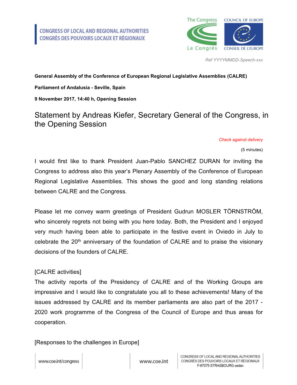 Statement by Andreas Kiefer, Secretary General of the Congress, in the Opening Session