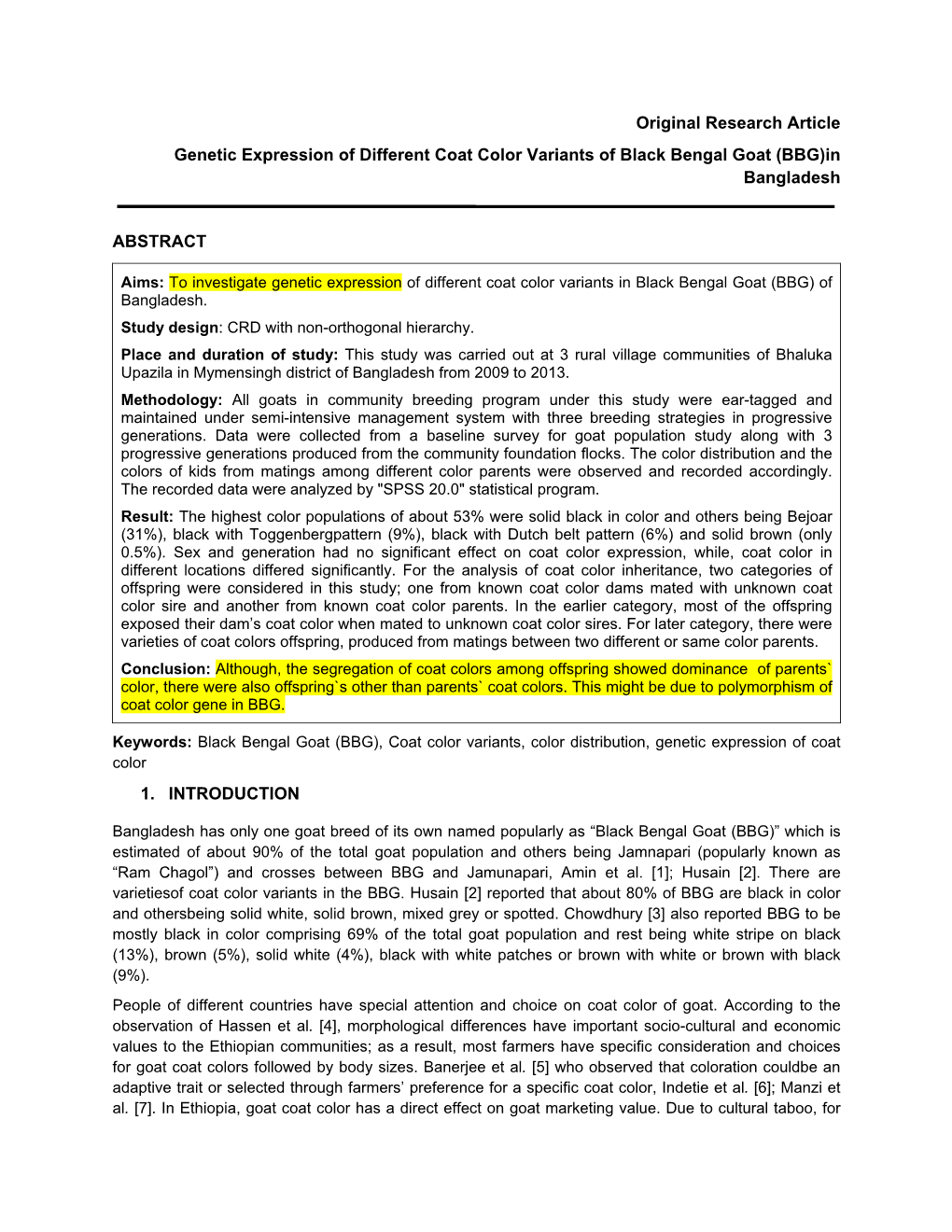 Original Research Article Genetic Expression of Different Coat Color Variants of Black Bengal Goat (BBG)In Bangladesh