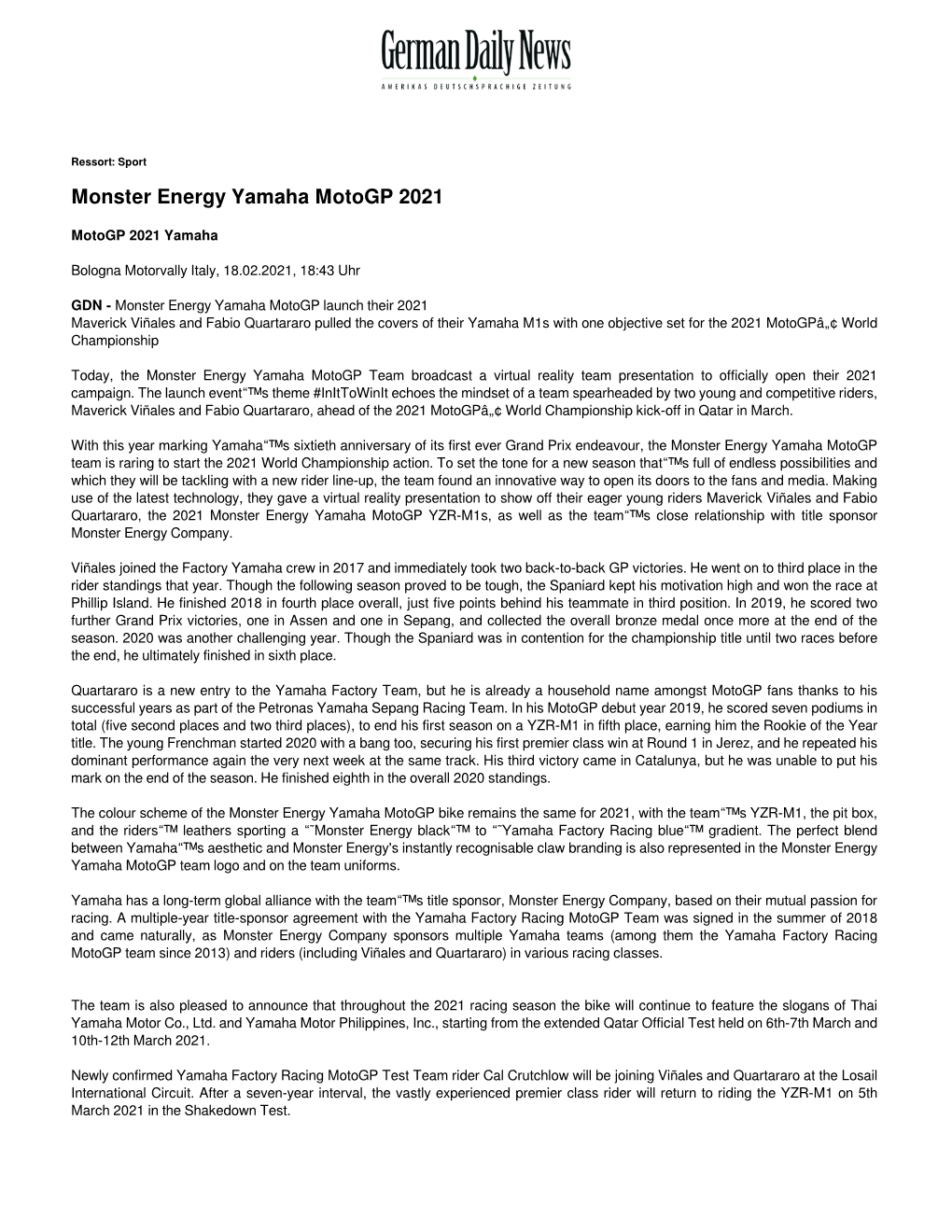 Monster Energy Yamaha Motogp 2021