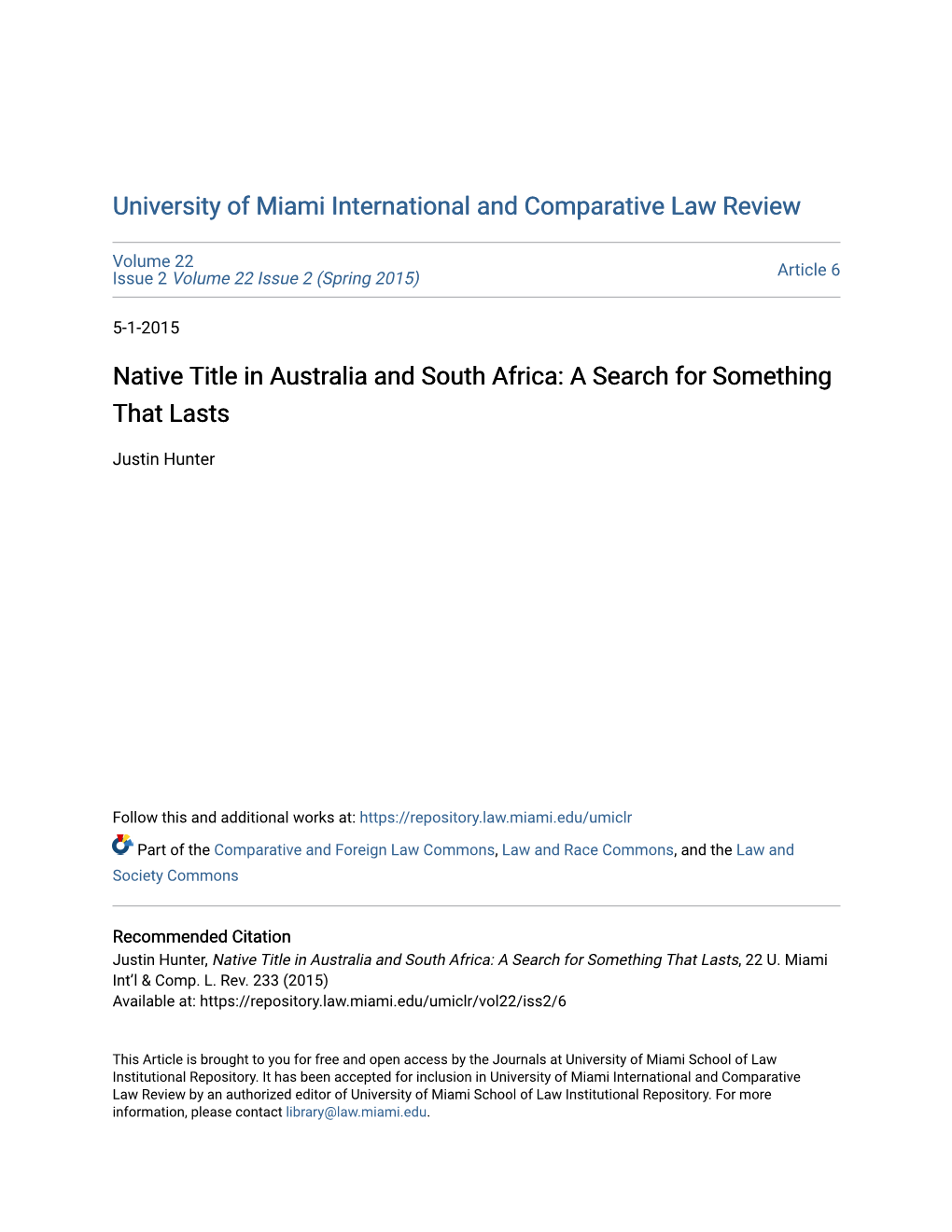 Native Title in Australia and South Africa: a Search for Something That Lasts