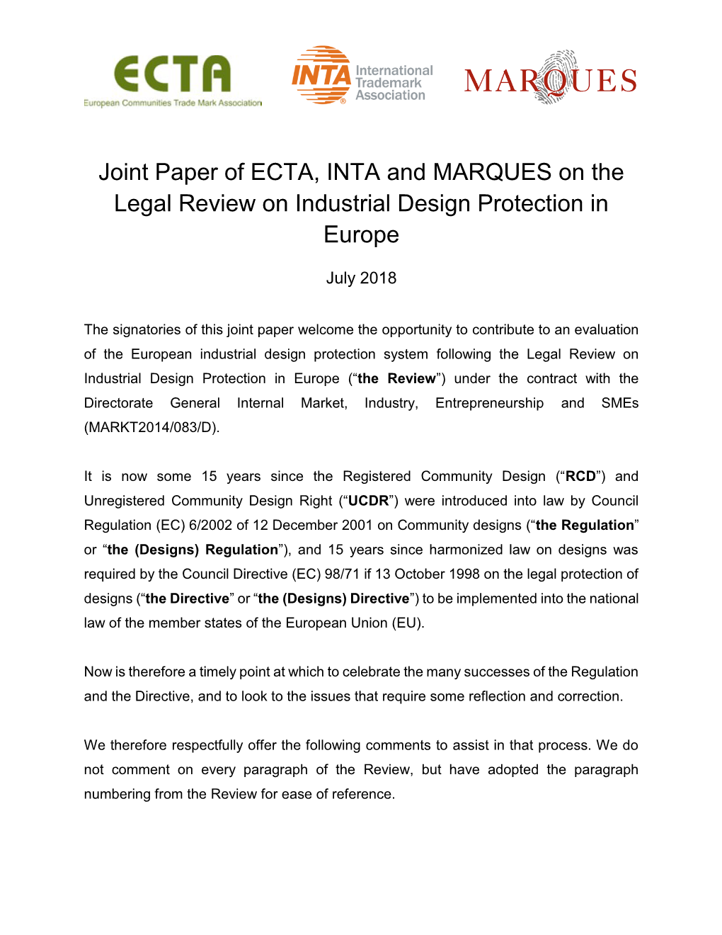 Joint Paper of ECTA, INTA and MARQUES on the Legal Review on Industrial Design Protection in Europe