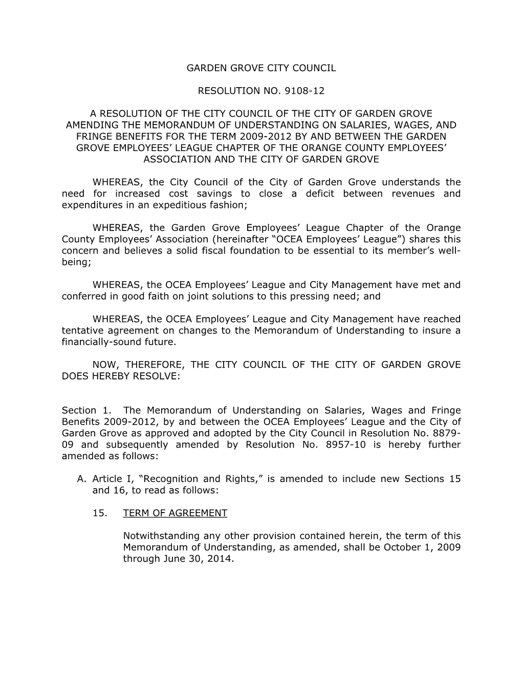 Garden Grove City Council Resolution No. 9108-12 A