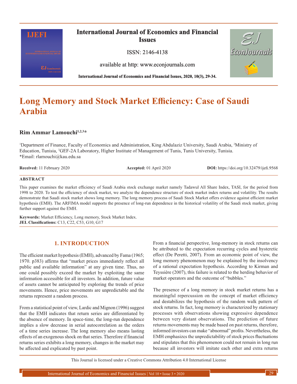 Long Memory and Stock Market Efficiency: Case of Saudi Arabia