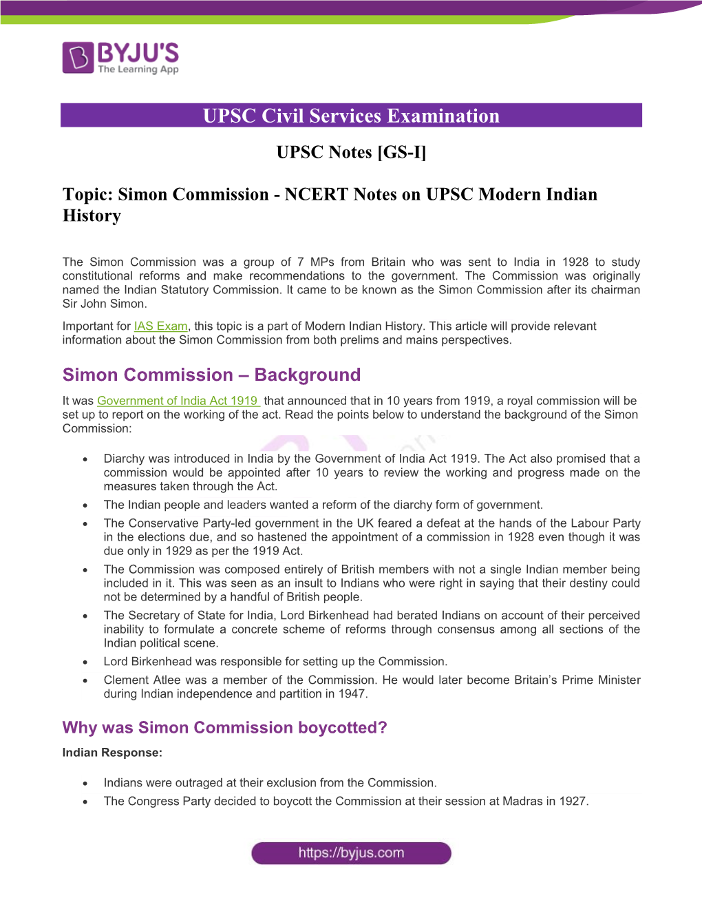 Simon Commission - NCERT Notes on UPSC Modern Indian History